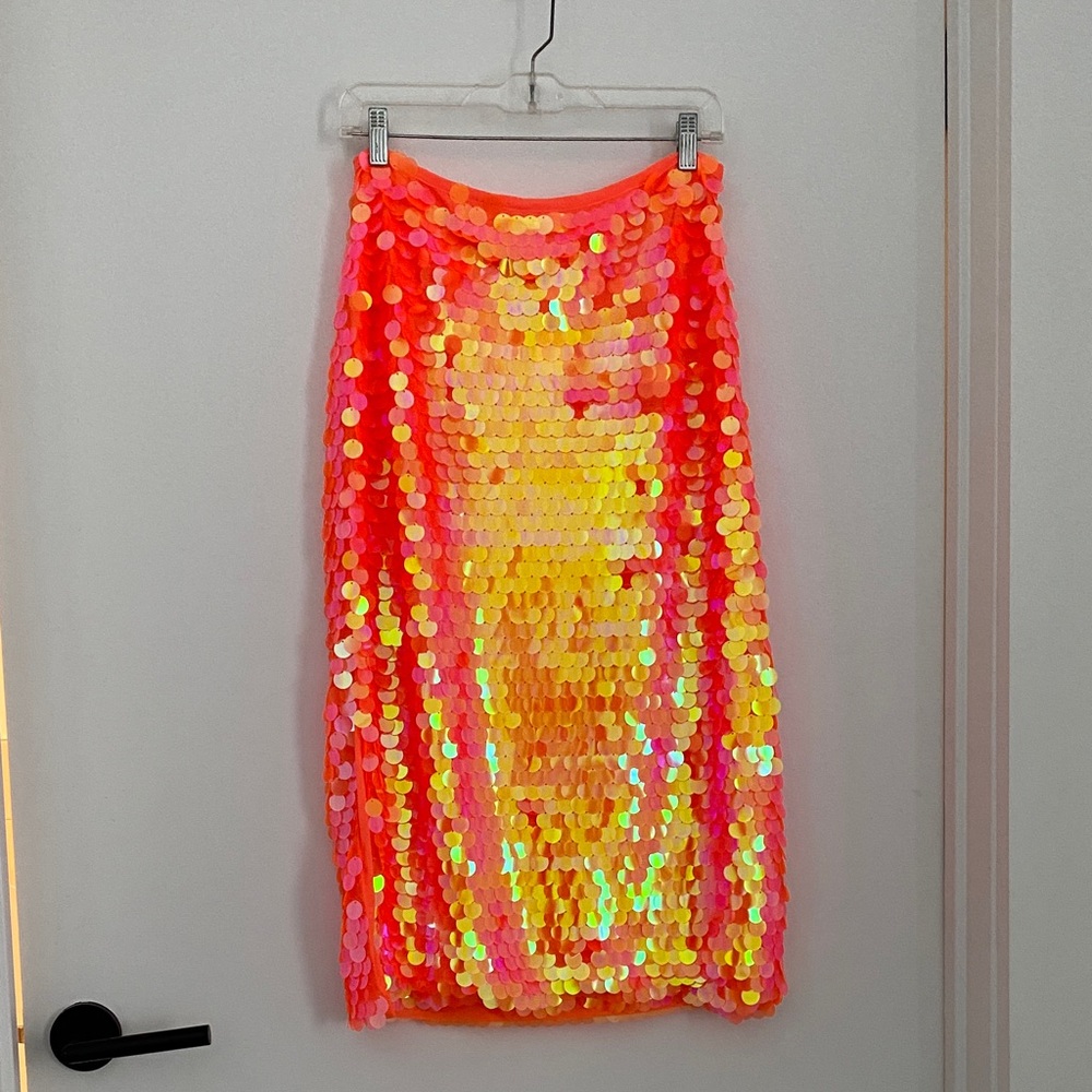 Fiery iridescent orange paillette midi skirt